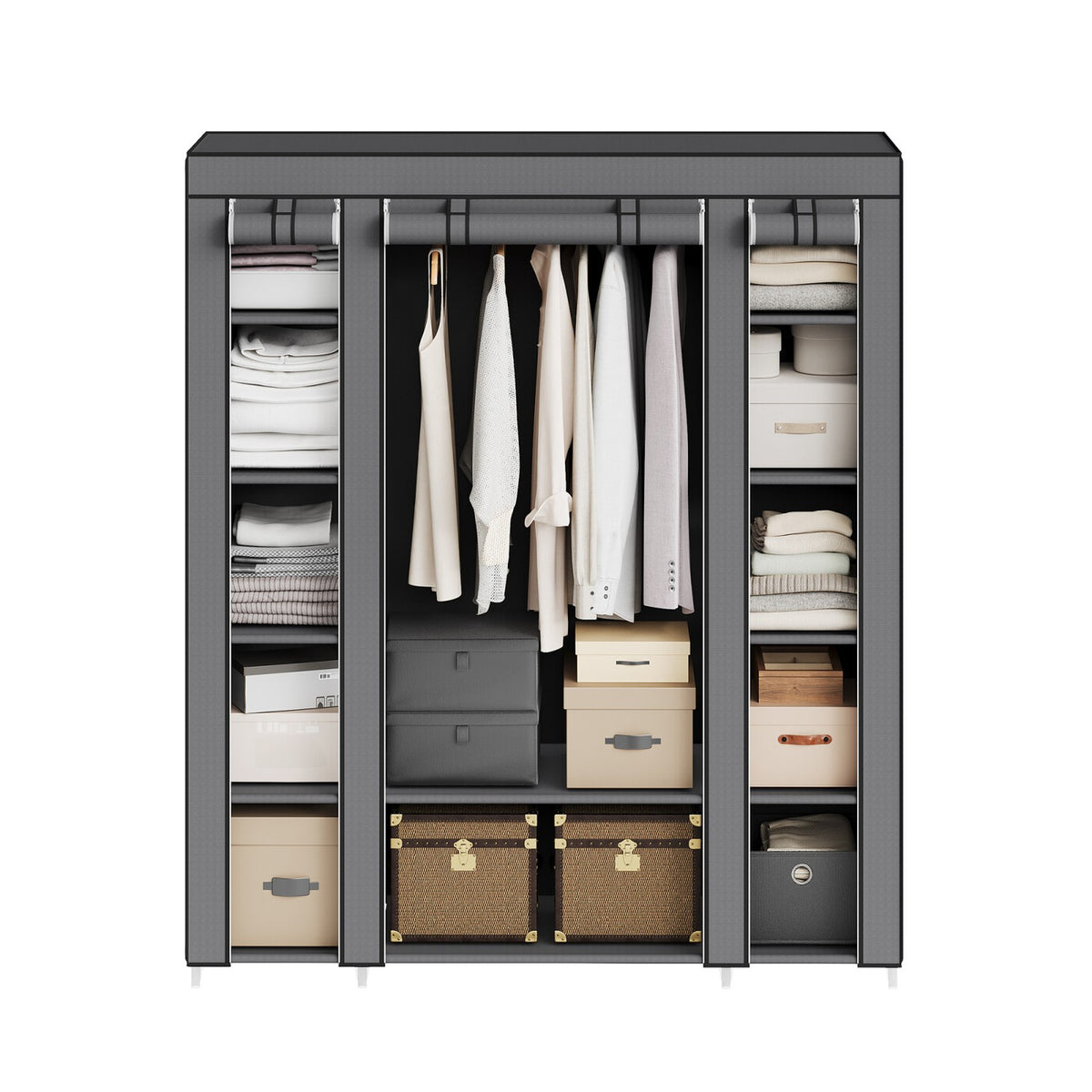 Armoire en tissu avec housse, penderie de rangement, 12 compartiments, cadre en métal pour chambre 45 x 150 x 175 cm 
Gris ou violet