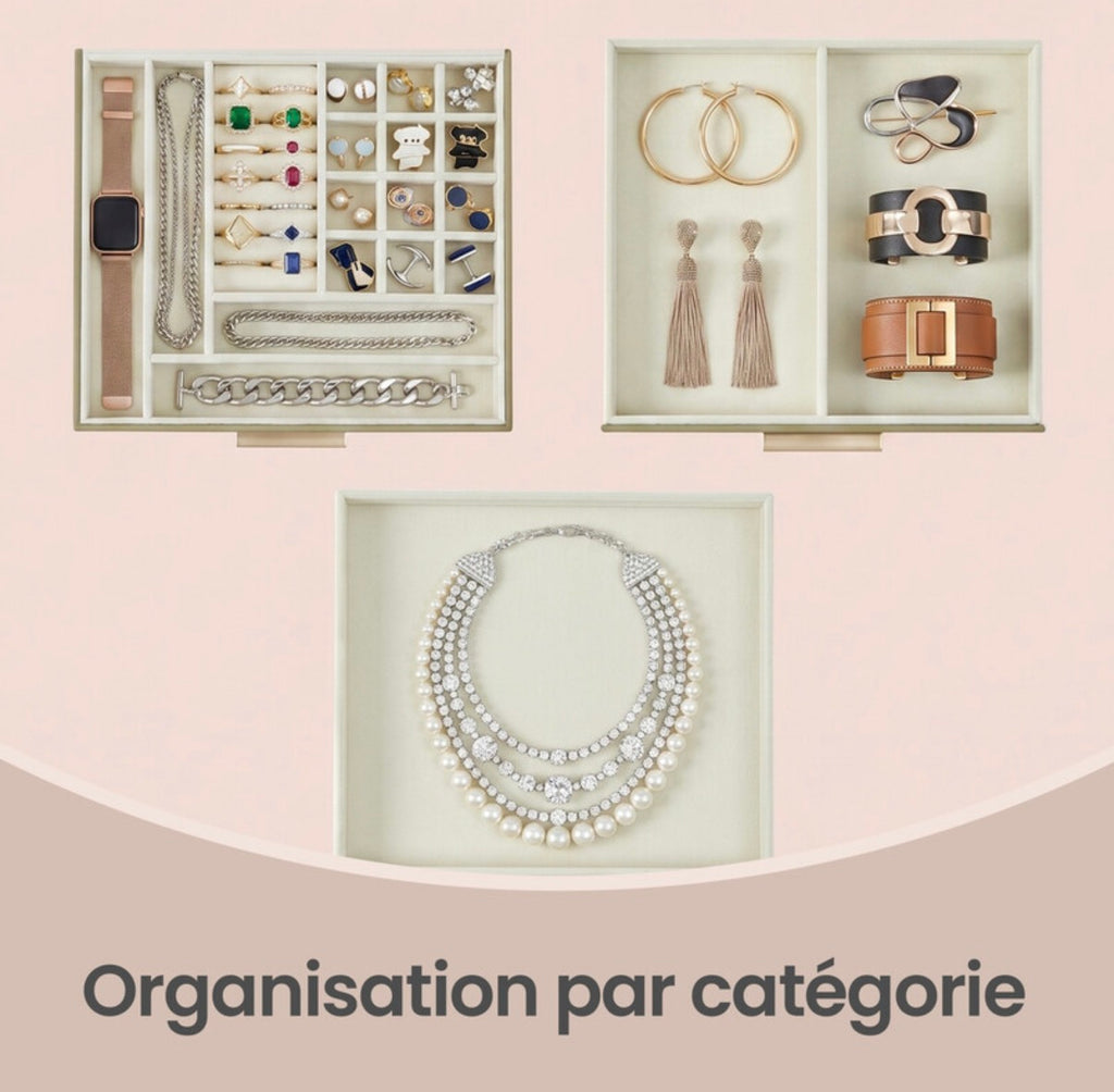 Boîte à bijoux avec couvercle en verre - Vert Sauge & Or, 3 niveaux, 2 tiroirs, organiseur de rangement moderne, taille 20,3 x 23,1 x 13,5 cm