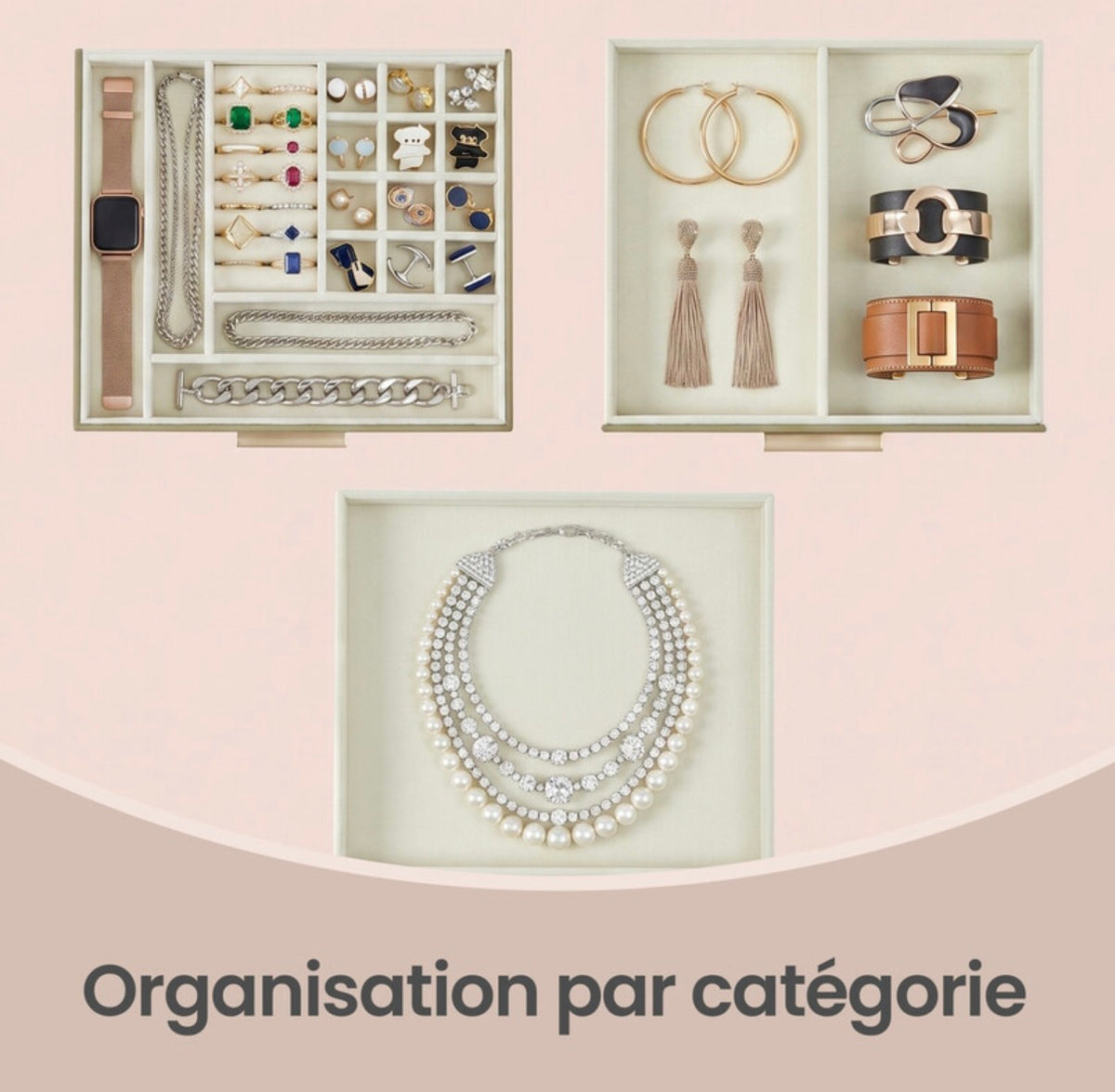 Boîte à bijoux avec couvercle en verre - Vert Sauge & Or, 3 niveaux, 2 tiroirs, organiseur de rangement moderne, taille 20,3 x 23,1 x 13,5 cm