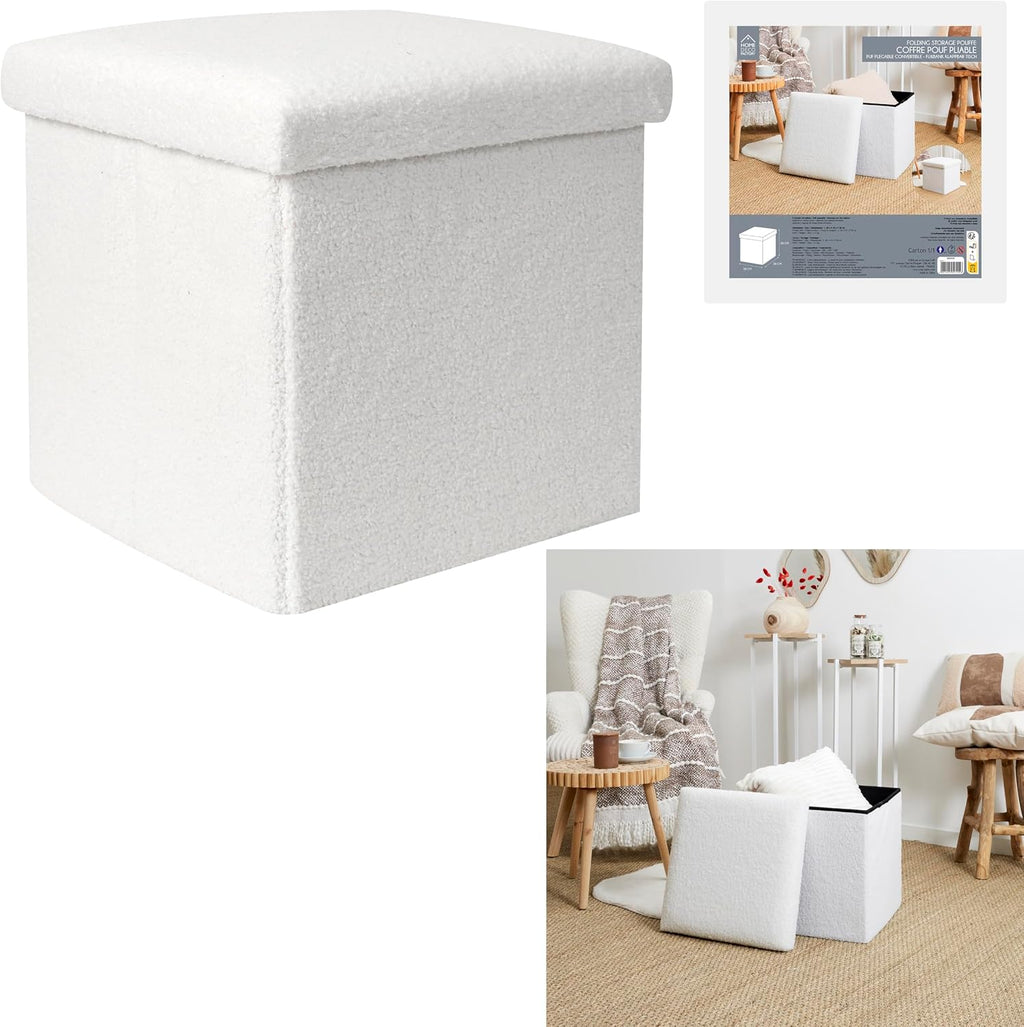 Home Deco Factory Coffre Pouf Pliable Bouclette Blanc