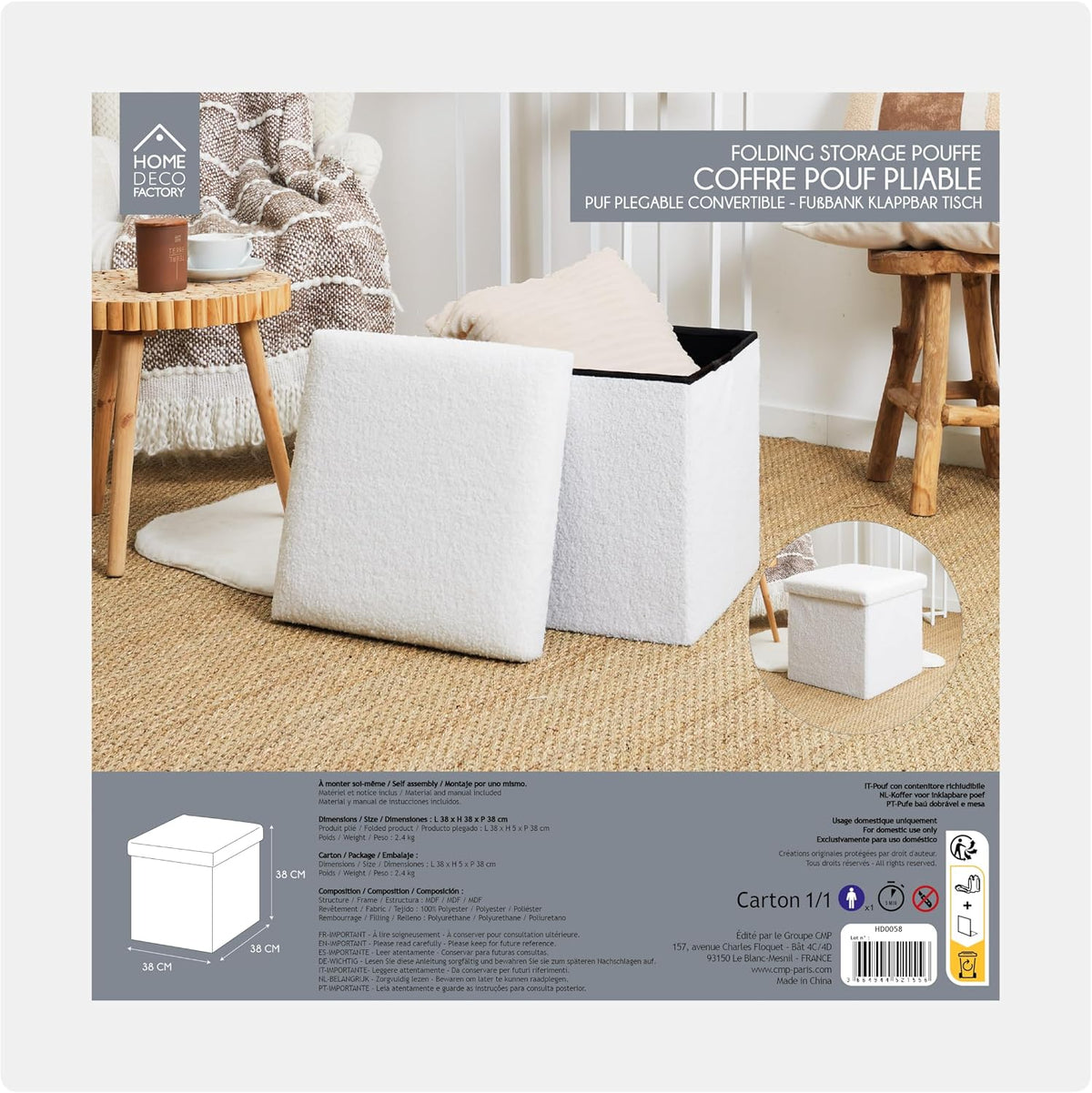 Home Deco Factory Coffre Pouf Pliable Bouclette Blanc