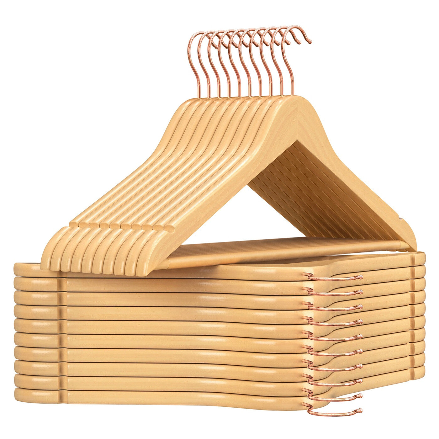 Cintres en bois, lot de 20, cintres en bois massif, avec encoches, antidérapants, crochet pivotant à 360°, pour costumes et chemises, couleur bois et rose doré