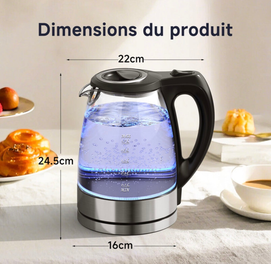 Bouilloire électrique en verre borosilicate 1,7 L, ébullition rapide à haute puissance de 2200 W, base en acier inoxydable 304, base rotative à 360°