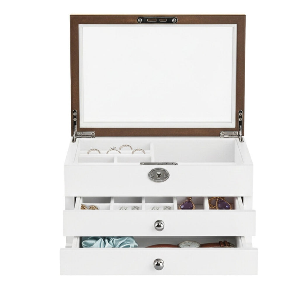Boîte à Bijoux à 3 Niveaux avec Grand Miroir, 2 Tiroirs, Fermeture à Clé, Cadeau Idéal pour Vos Proches, pour Bagues, Boucles d'Oreilles, Bracelets et Colliers, Coloris Blanc et Effet Bois