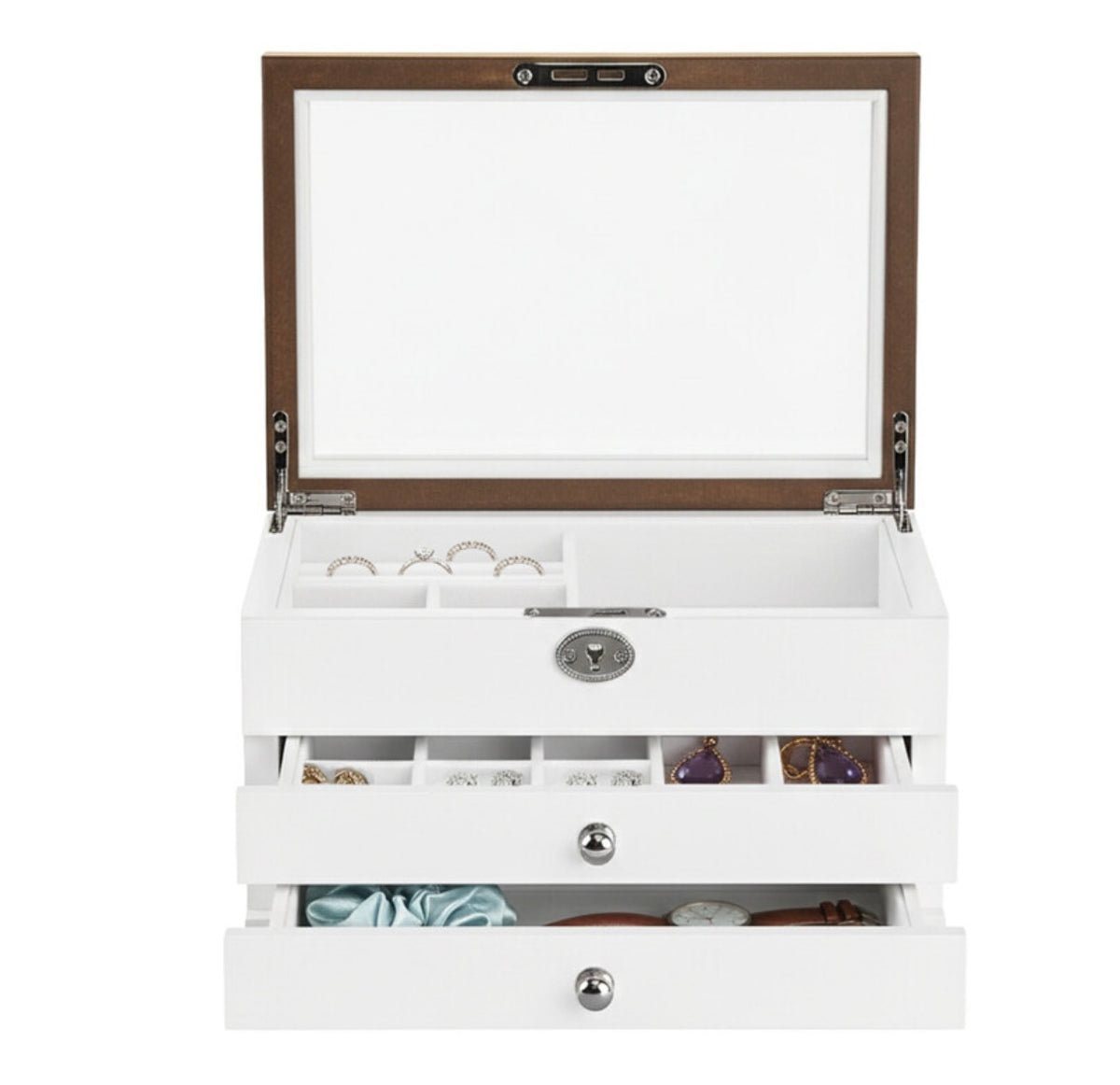 Boîte à Bijoux à 3 Niveaux avec Grand Miroir, 2 Tiroirs, Fermeture à Clé, Cadeau Idéal pour Vos Proches, pour Bagues, Boucles d'Oreilles, Bracelets et Colliers, Coloris Blanc et Effet Bois