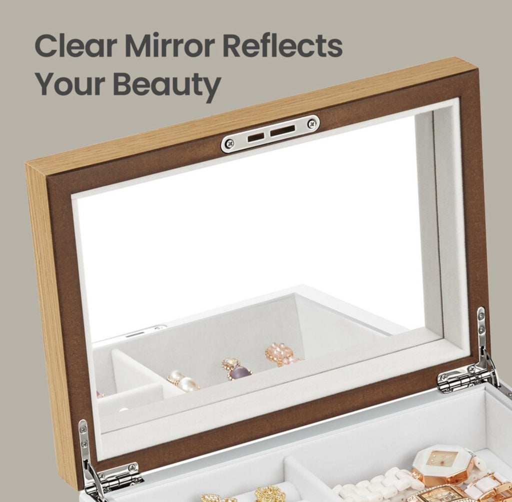 Boîte à Bijoux à 3 Niveaux avec Grand Miroir, 2 Tiroirs, Fermeture à Clé, Cadeau Idéal pour Vos Proches, pour Bagues, Boucles d'Oreilles, Bracelets et Colliers, Coloris Blanc et Effet Bois