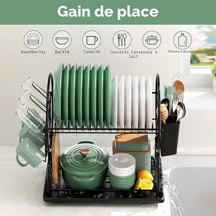 Egoutoire Vaisselle Cuisine Noir à 2 Niveaux en, INOX avec Porte-ustensiles et bac d'égouttement