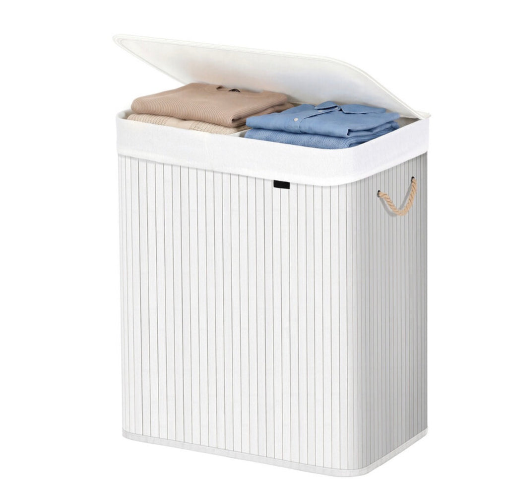 Grand panier à linge en bambou, panier à linge pliable à 2 compartiments avec couvercle, blanc ou bois