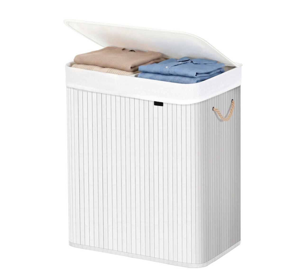 Grand panier à linge en bambou, panier à linge pliable à 2 compartiments avec couvercle, blanc ou bois