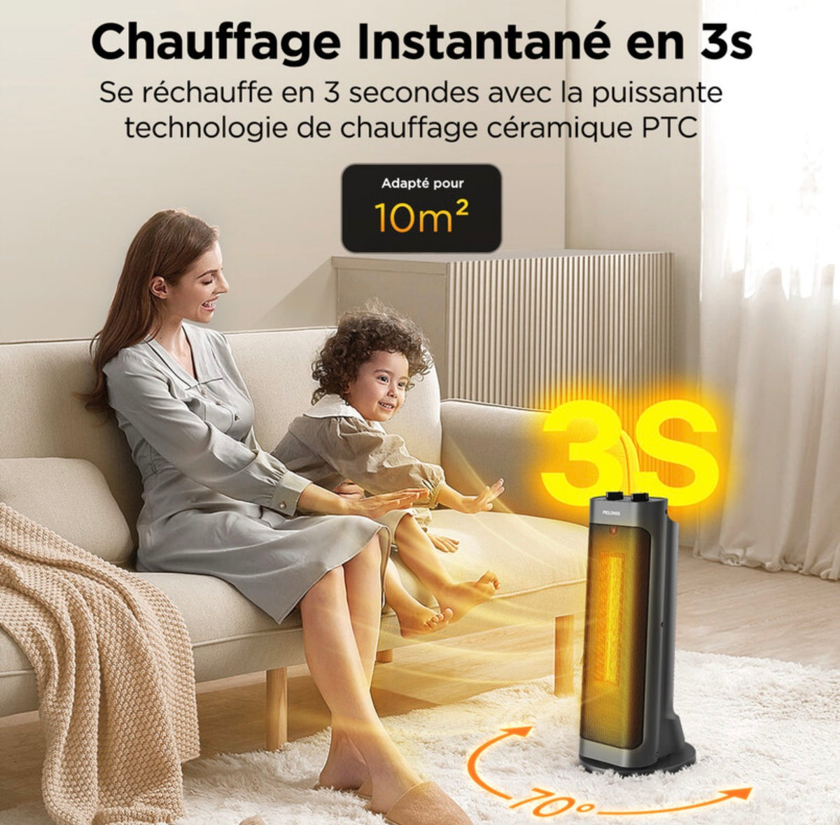 chauffage soufflant céramique PTC 2000 W, chauffe rapide en 3 secondes, oscillation à 70°, arrêt en cas de basculement + protection contre la surchauffe, design portable, adapté à un espace d'environ 15㎡