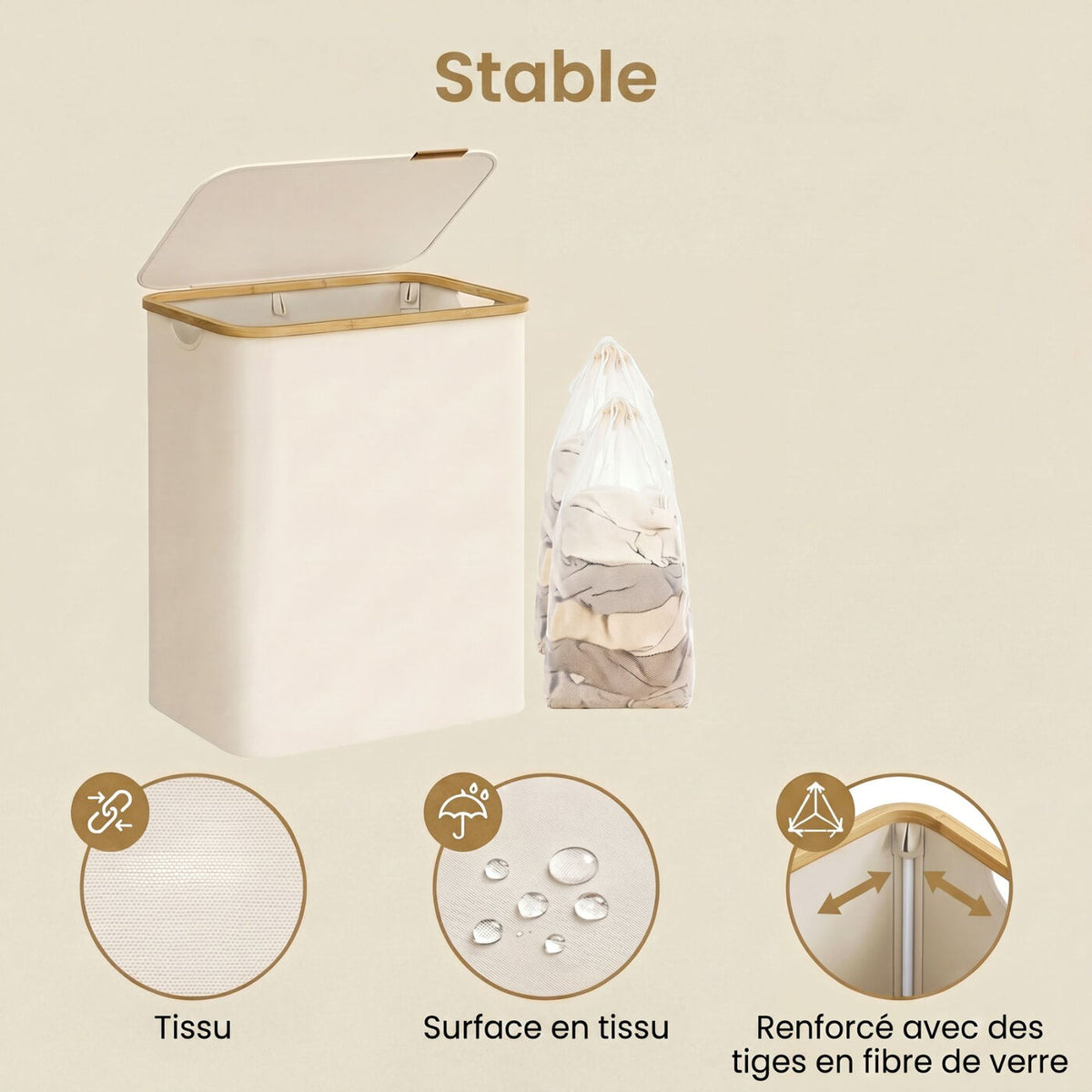 Panier à Linge avec Couvercle, Pliable, 130 L, 52 x 38,5 x 70,5 cm, Doublure Amovible, Tissu Oxford, Poignées en Bambou