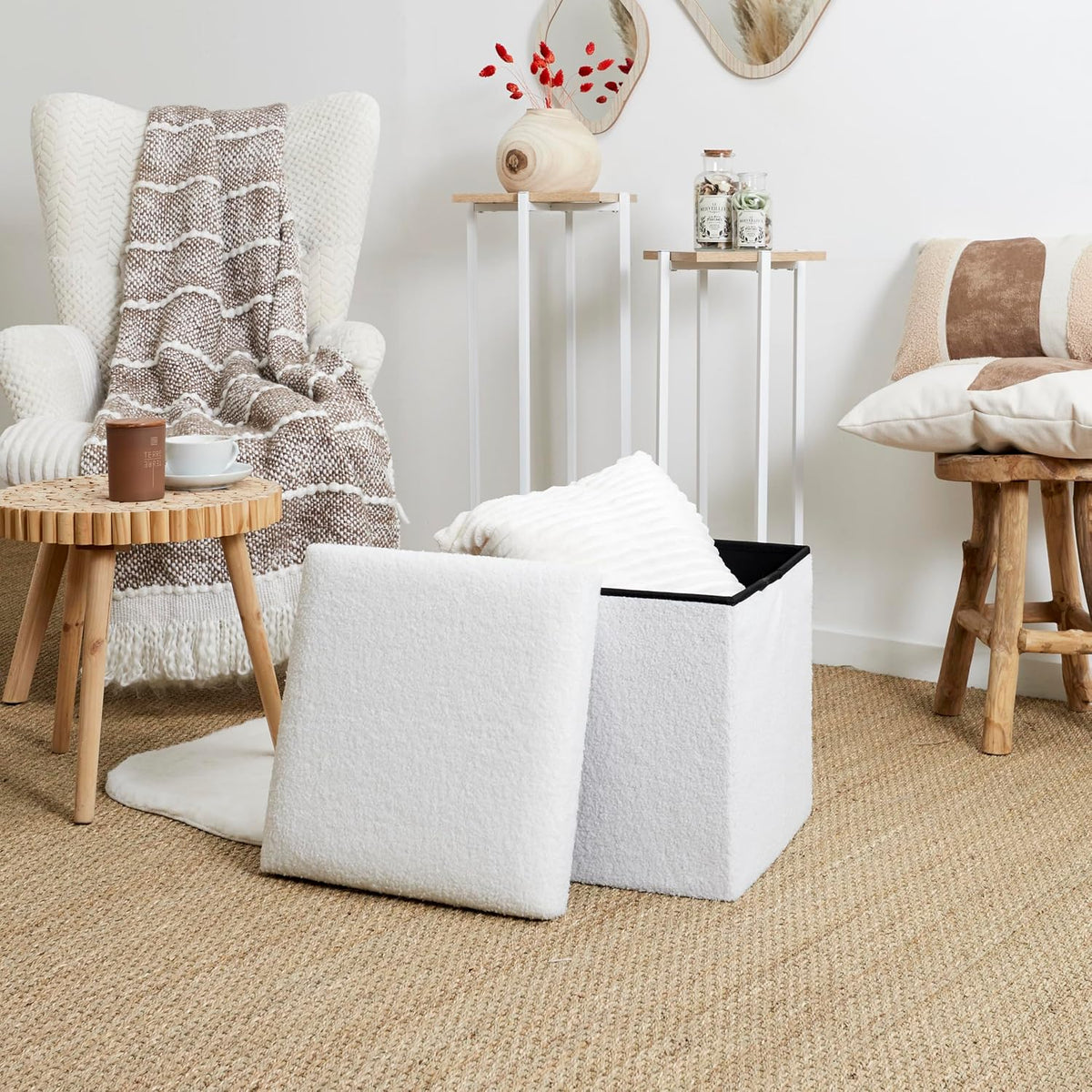 Home Deco Factory Coffre Pouf Pliable Bouclette Blanc