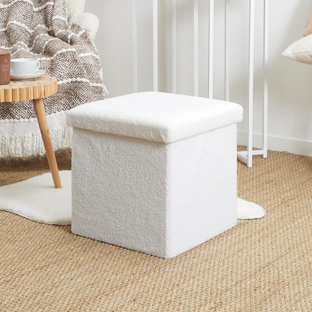 Home Deco Factory Coffre Pouf Pliable Bouclette Blanc