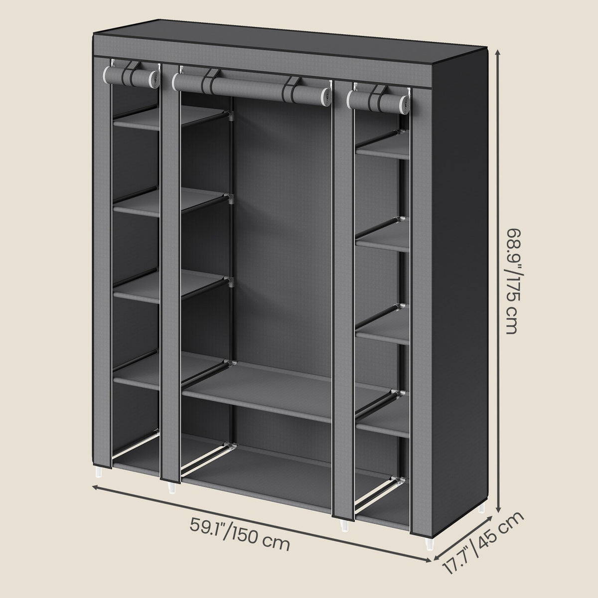 Armoire en tissu avec housse, penderie de rangement, 12 compartiments, cadre en métal pour chambre 45 x 150 x 175 cm 
Gris ou violet