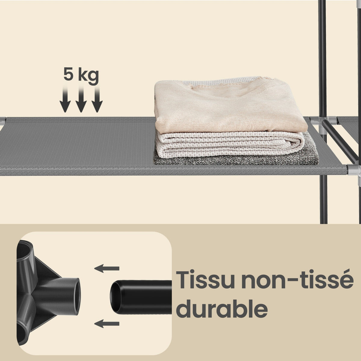Armoire en tissu avec housse, penderie de rangement, 12 compartiments, cadre en métal pour chambre 45 x 150 x 175 cm 
Gris ou violet