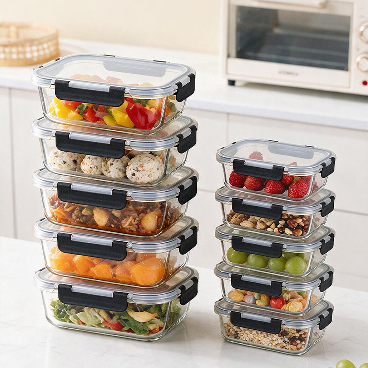 Lot de 10 contenants alimentaires noirs à fermeture à clip, Verre à haute teneur en borosilicate (1040 ml x 5 + 370 ml x 5), Couvercles hermétiques, Lot de boîtes repas de bureau