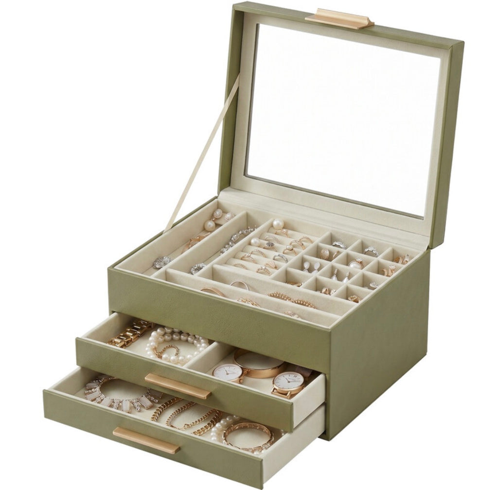 Boîte à bijoux avec couvercle en verre - Vert Sauge & Or, 3 niveaux, 2 tiroirs, organiseur de rangement moderne, taille 20,3 x 23,1 x 13,5 cm