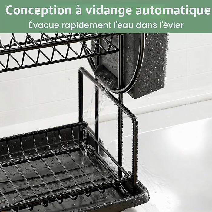 Egoutoire Vaisselle Cuisine Noir à 2 Niveaux en, INOX avec Porte-ustensiles et bac d'égouttement