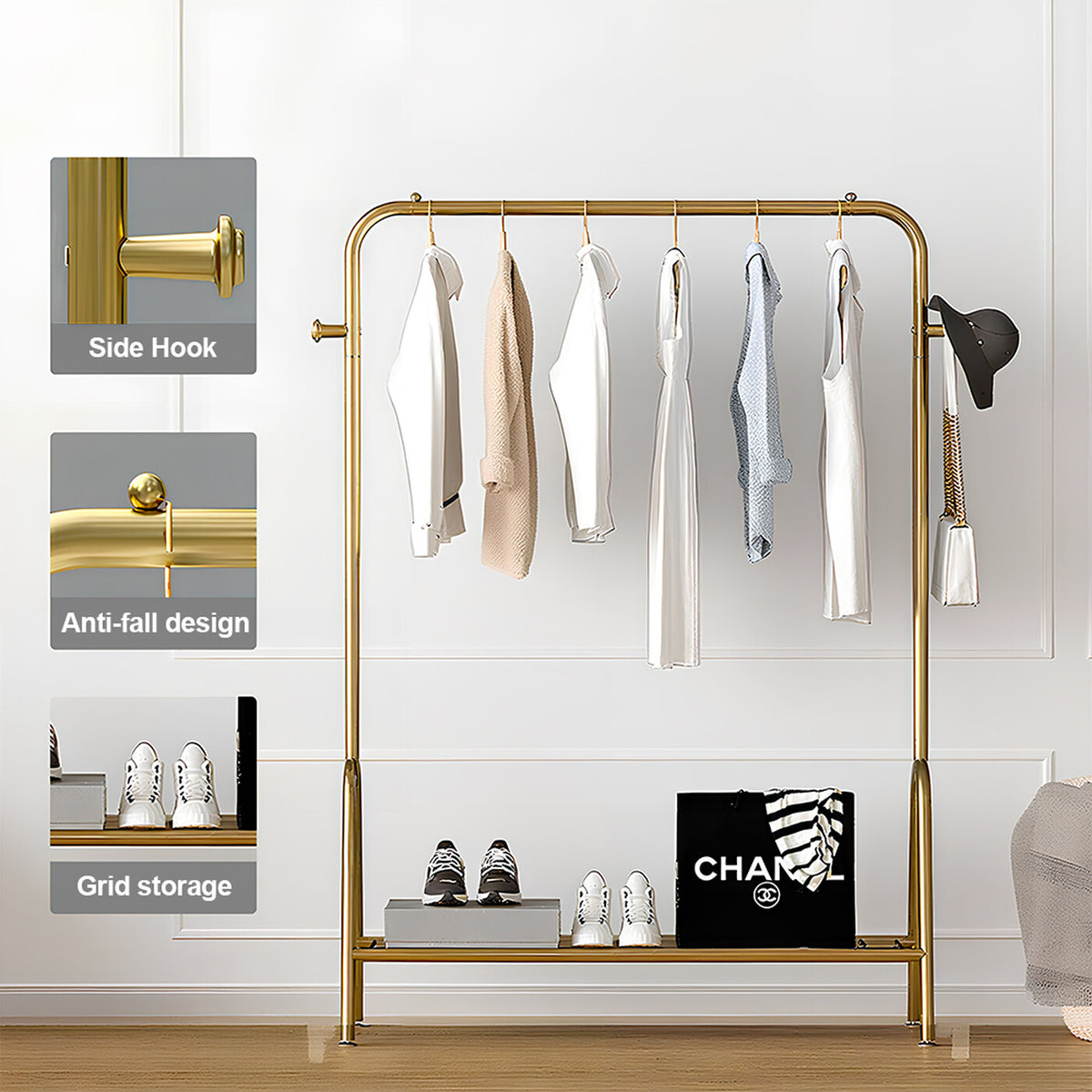 Portant à vêtements sur pied à poteau unique pour chambre et balcon, finition or luxueux, 100 cm