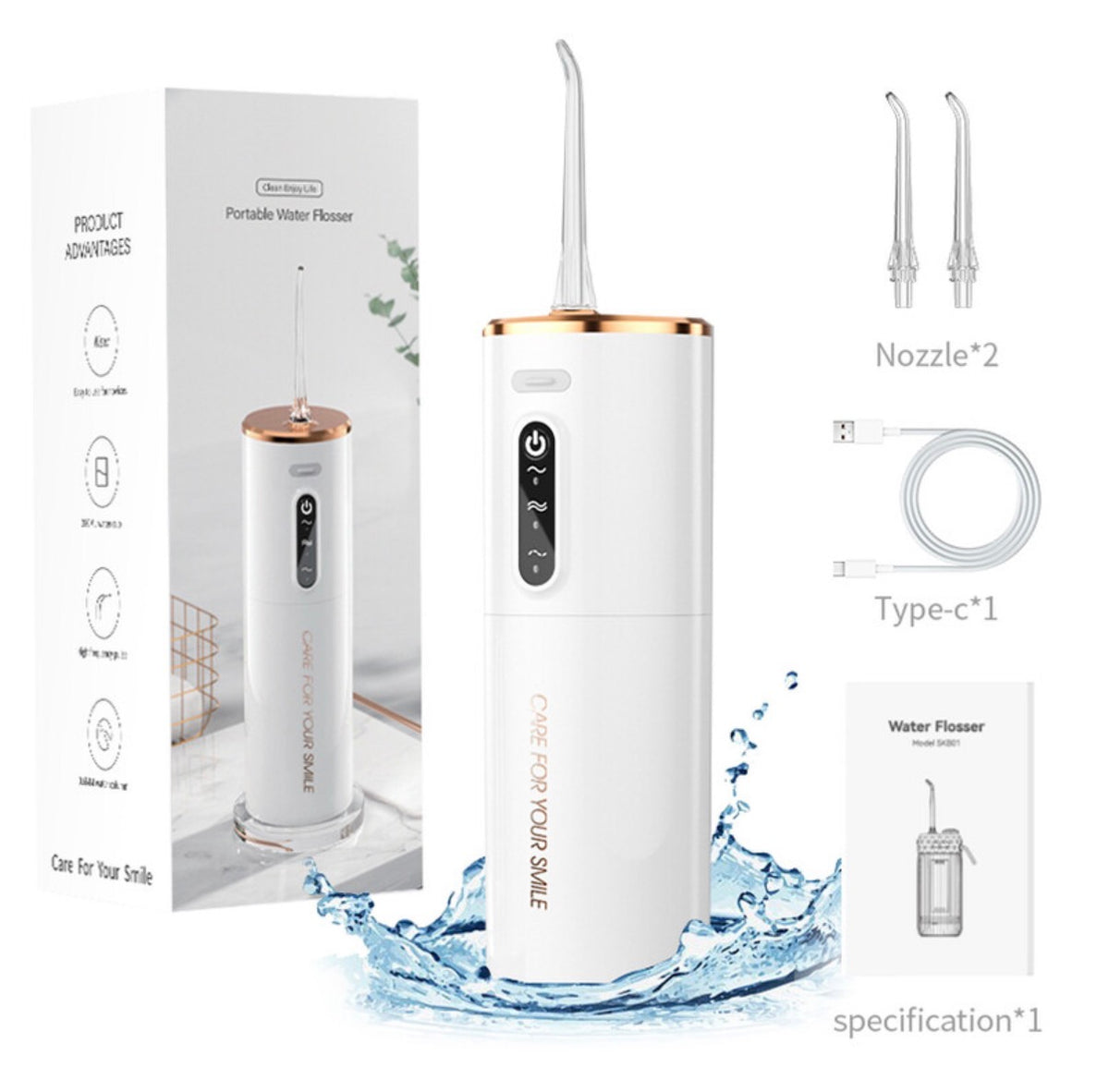 Hydropulseur dentaire électrique, réservoir d'eau 280 ml, batterie 1200 mAh - Blanc