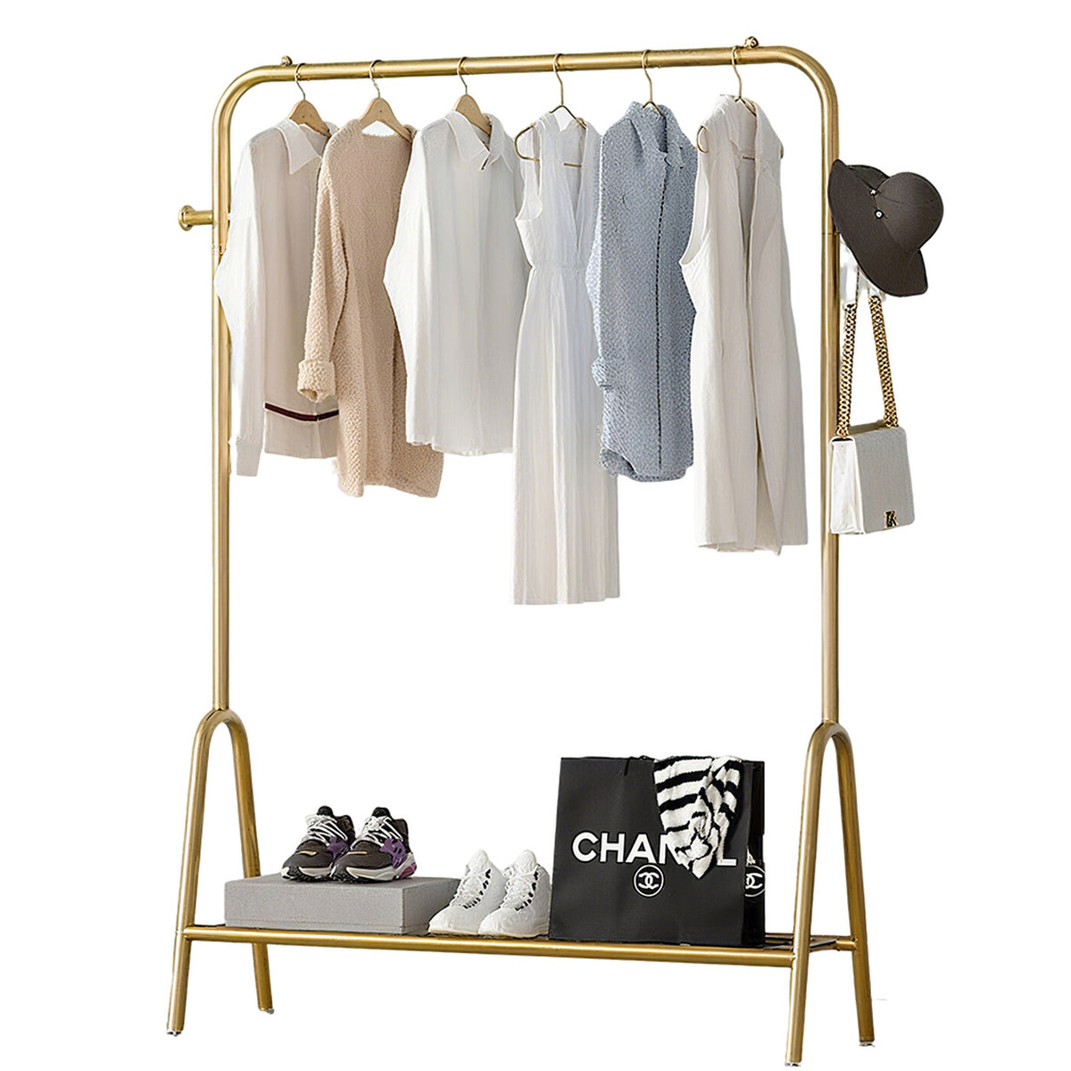 Portant à vêtements sur pied à poteau unique pour chambre et balcon, finition or luxueux, 100 cm
