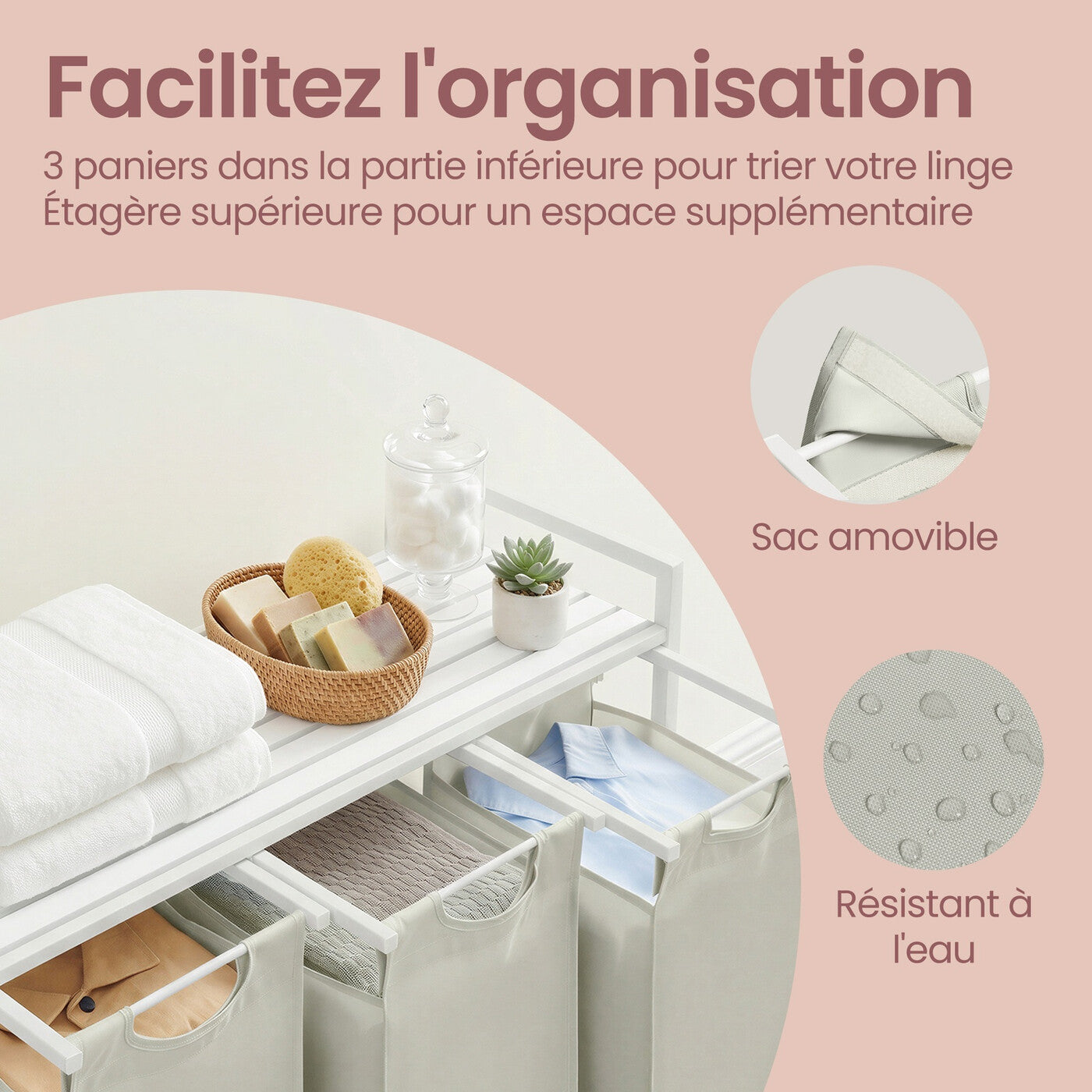 Panier à Linge à 3 Compartiments, Sac à Linge Amovible et Coulissant, Trieur de Vêtements avec Structure Métallique, 3 x 40 L, 92,5 x 33 x 72 cm, Blanc Crème et Blanc Mat