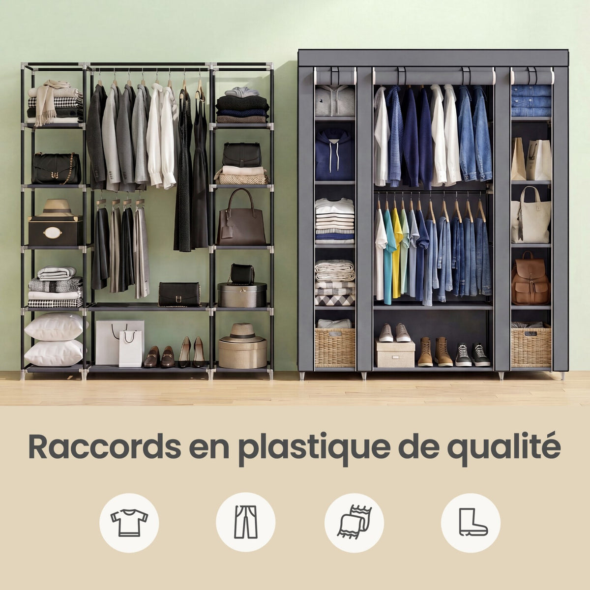 Armoire en tissu avec housse, penderie de rangement, 12 compartiments, cadre en métal pour chambre 45 x 150 x 175 cm 
Gris ou violet
