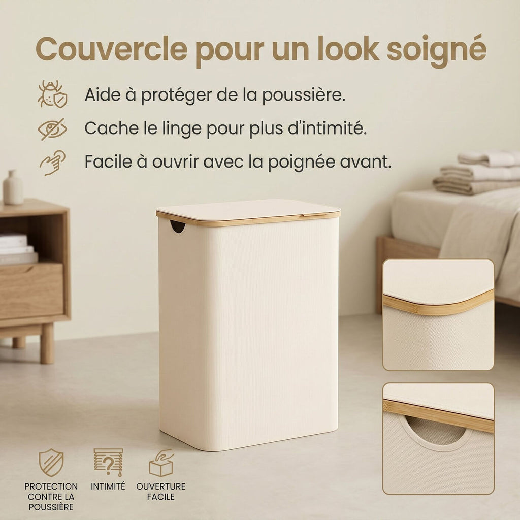 Panier à Linge avec Couvercle, Pliable, 130 L, 52 x 38,5 x 70,5 cm, Doublure Amovible, Tissu Oxford, Poignées en Bambou