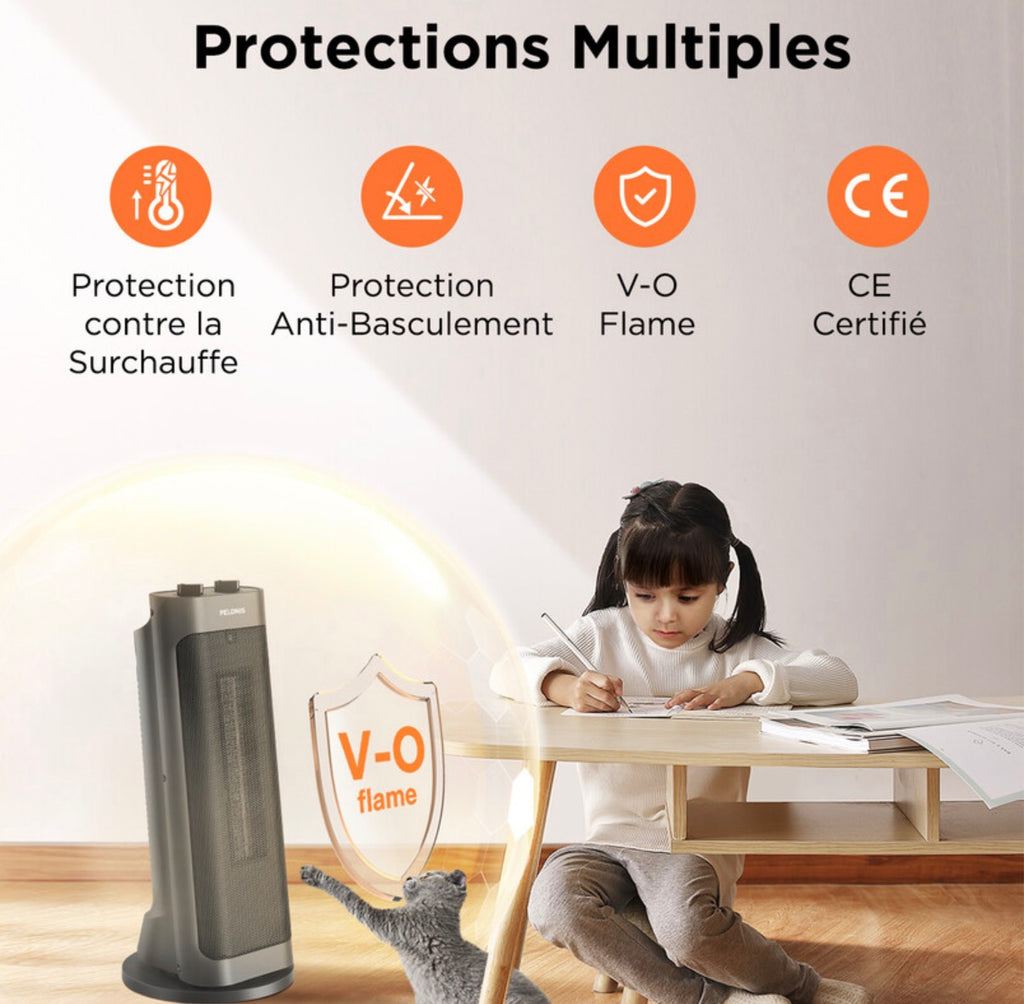 chauffage soufflant céramique PTC 2000 W, chauffe rapide en 3 secondes, oscillation à 70°, arrêt en cas de basculement + protection contre la surchauffe, design portable, adapté à un espace d'environ 15㎡