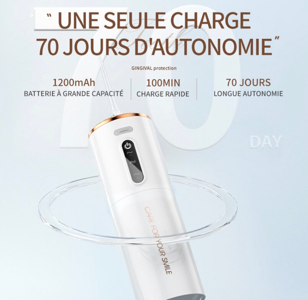 Hydropulseur dentaire électrique, réservoir d'eau 280 ml, batterie 1200 mAh - Blanc