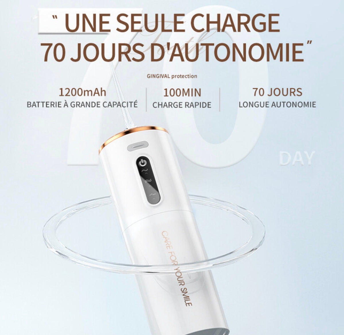 Hydropulseur dentaire électrique, réservoir d'eau 280 ml, batterie 1200 mAh - Blanc