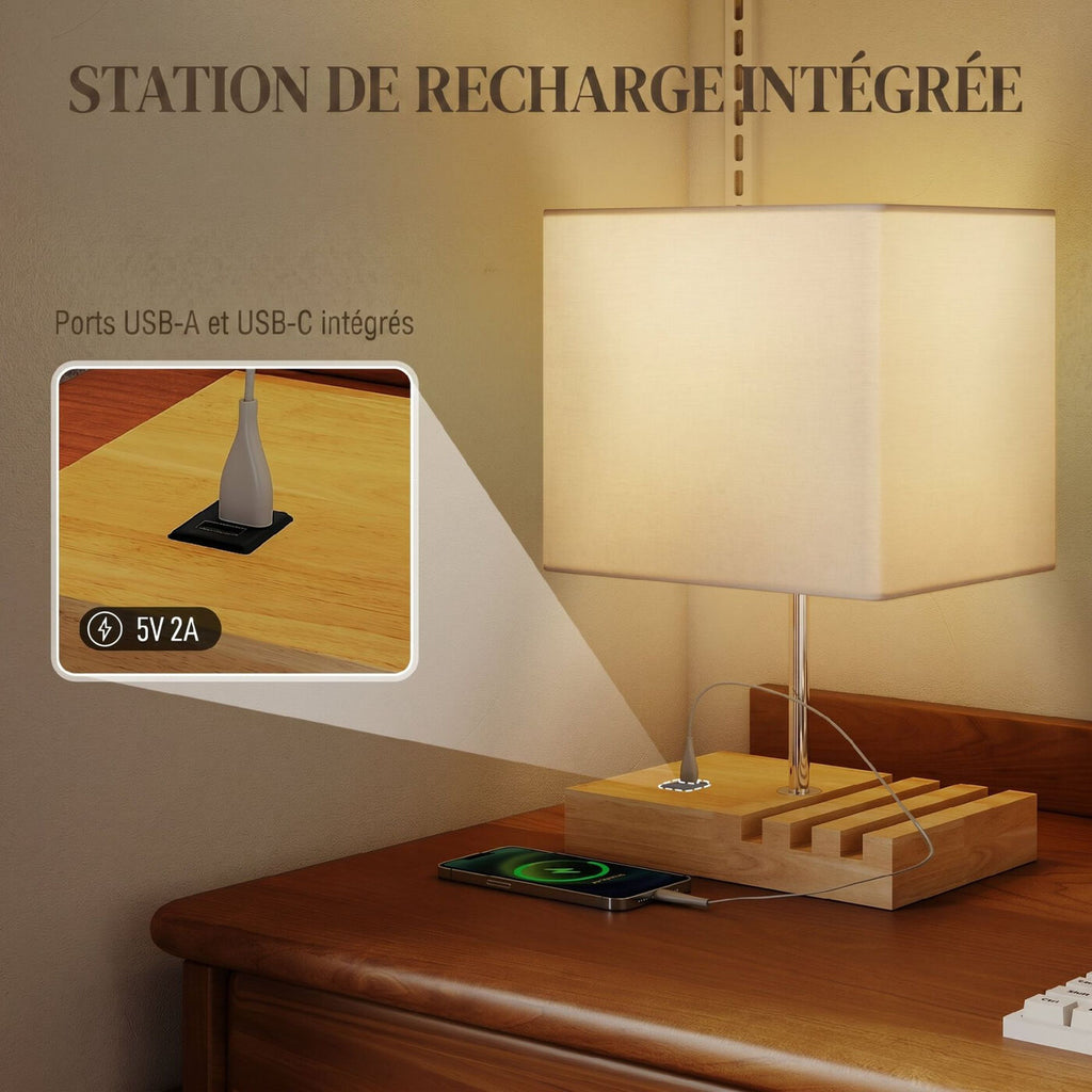 Lampe de chevet avec USB A+C, 3 supports pour téléphone, base en bois massif et abat-jour en tissu, culot E27, pour salon et chambre, ampoules non incluses, blanc
