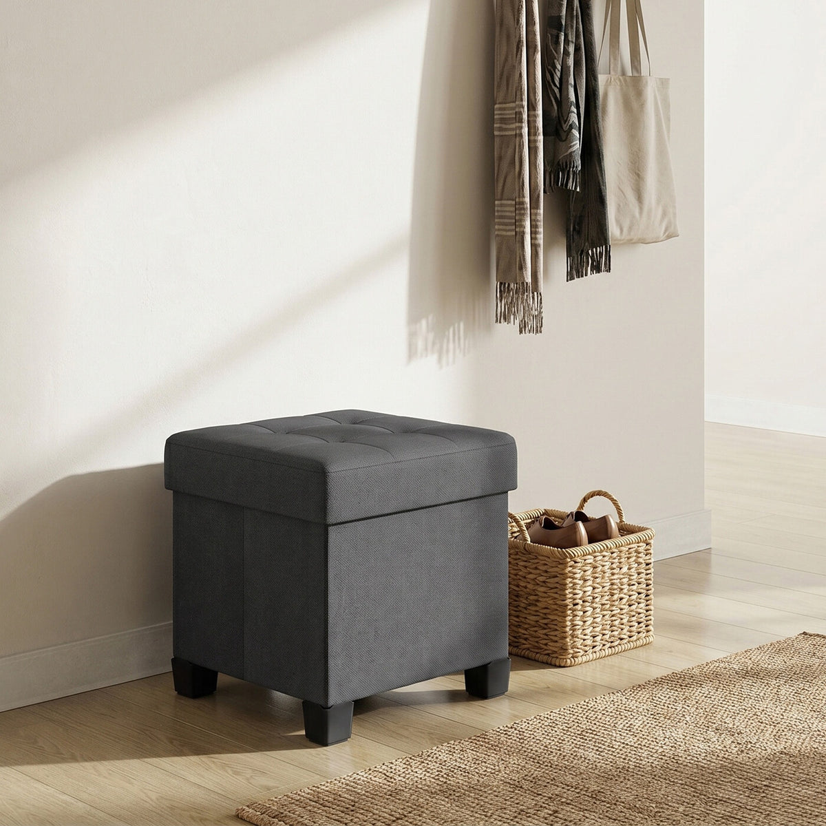 Pouf pliable gris ardoise – 38 x 38 x 40 cm, petit repose-pieds et tabouret de rangement, supporte 300 kg – compact pour salon, chambre ou dortoir