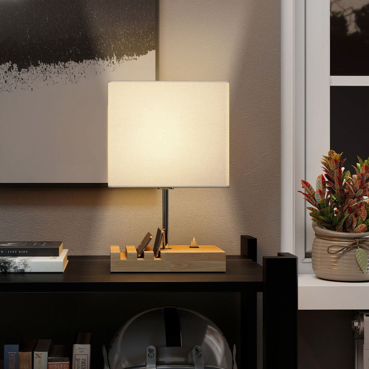 Lampe de chevet avec USB A+C, 3 supports pour téléphone, base en bois massif et abat-jour en tissu, culot E27, pour salon et chambre, ampoules non incluses, blanc