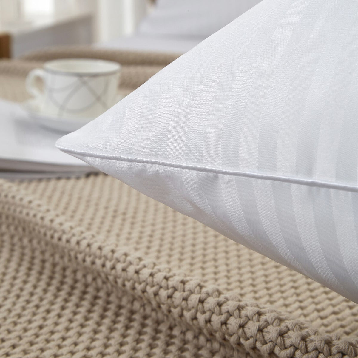 Lot de 2 Oreillers en Microfibre Respirante avec Garnissage Synthétique Imitation Duvet à Rayures Satinées 65x65cm Blanc