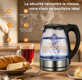 Bouilloire électrique en verre borosilicate 1,7 L, ébullition rapide à haute puissance de 2200 W, base en acier inoxydable 304, base rotative à 360°