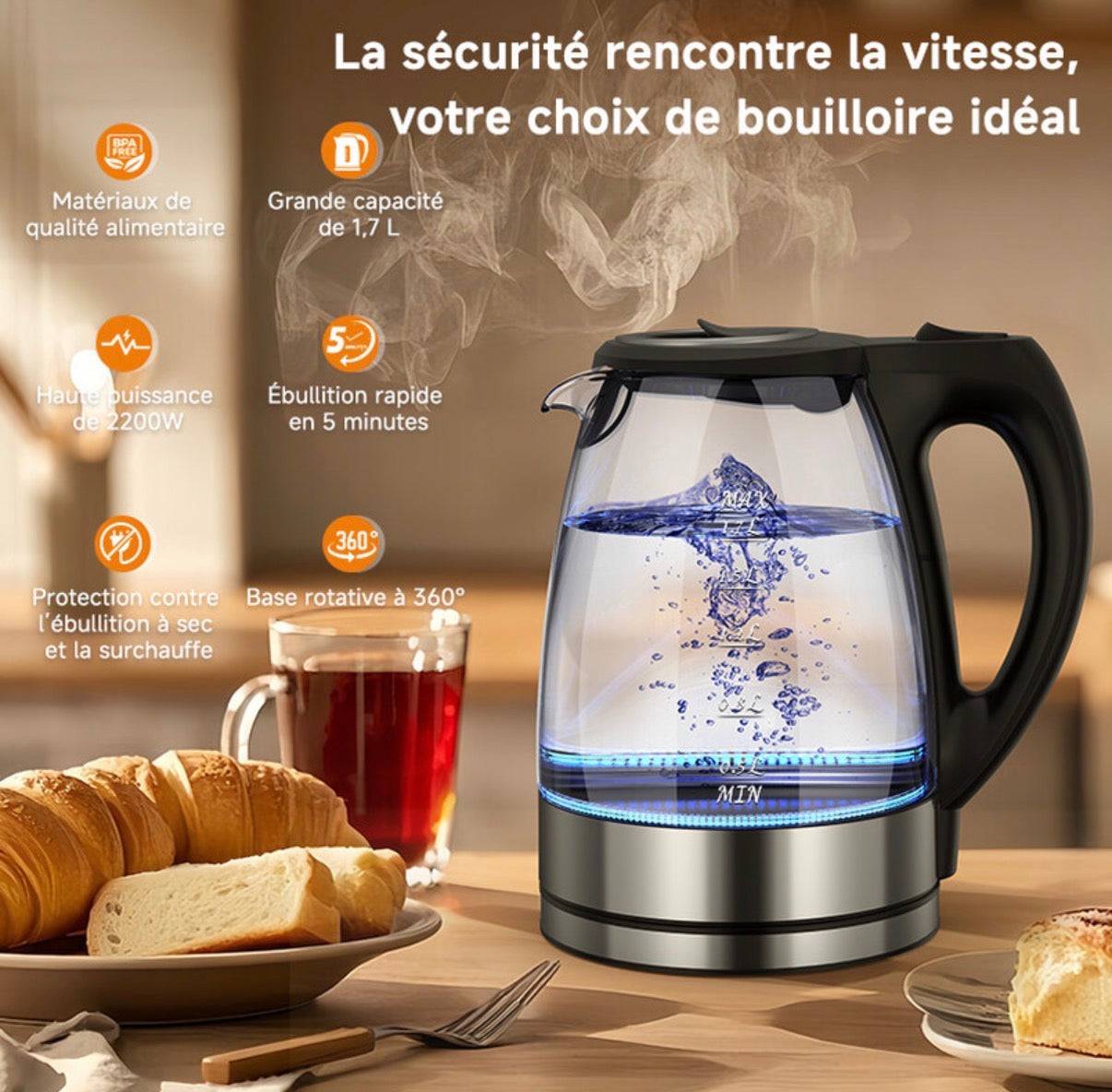 Bouilloire électrique en verre borosilicate 1,7 L, ébullition rapide à haute puissance de 2200 W, base en acier inoxydable 304, base rotative à 360°