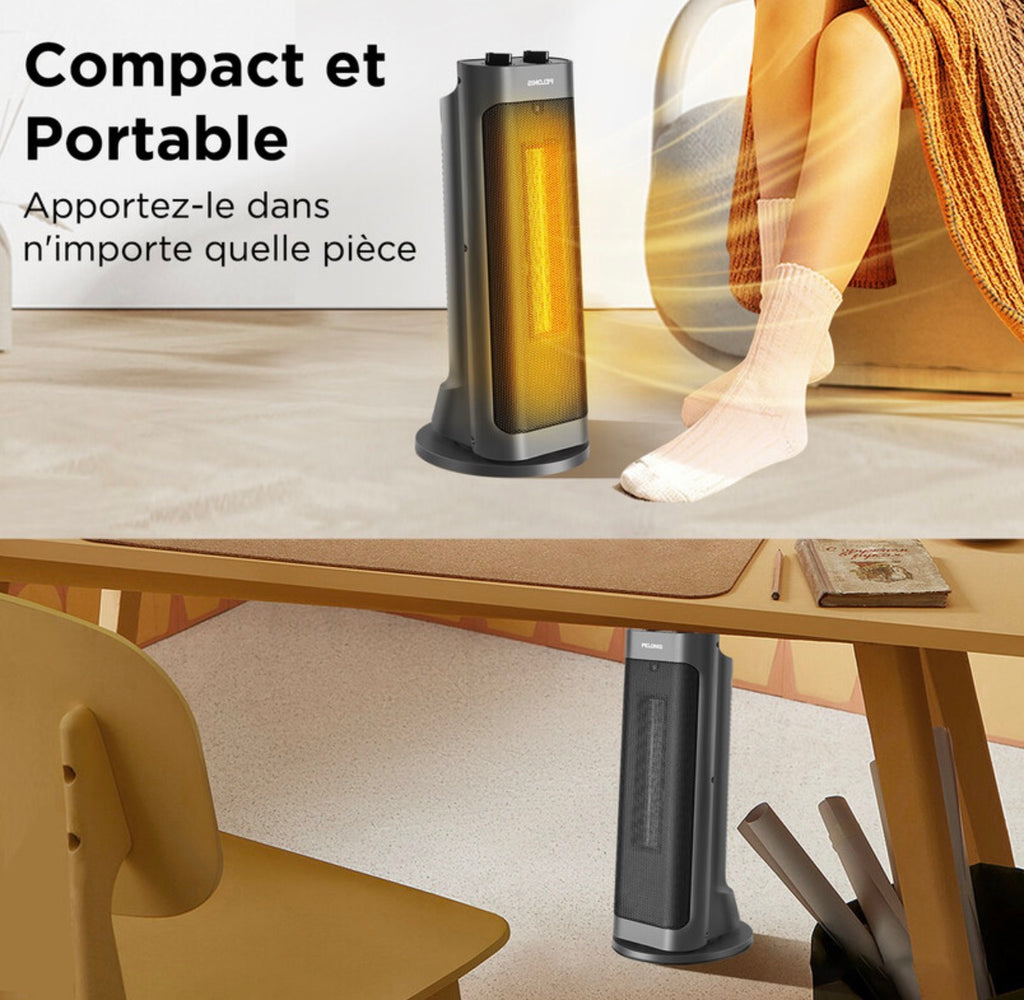 chauffage soufflant céramique PTC 2000 W, chauffe rapide en 3 secondes, oscillation à 70°, arrêt en cas de basculement + protection contre la surchauffe, design portable, adapté à un espace d'environ 15㎡