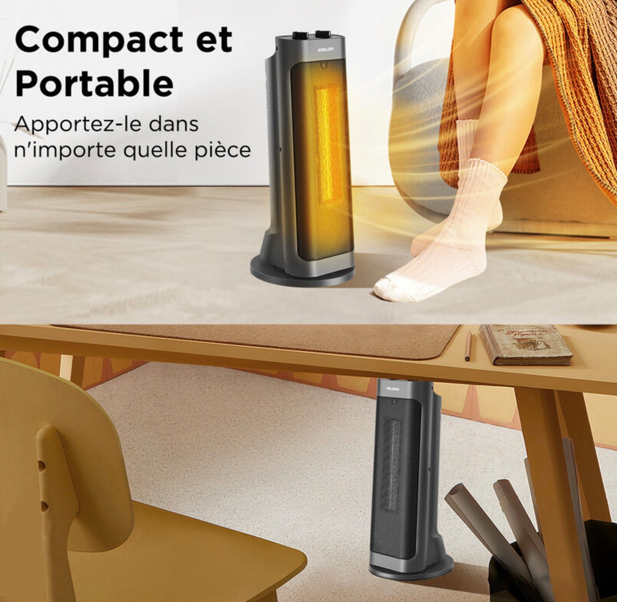 chauffage soufflant céramique PTC 2000 W, chauffe rapide en 3 secondes, oscillation à 70°, arrêt en cas de basculement + protection contre la surchauffe, design portable, adapté à un espace d'environ 15㎡