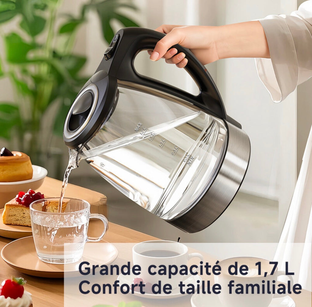 Bouilloire électrique en verre borosilicate 1,7 L, ébullition rapide à haute puissance de 2200 W, base en acier inoxydable 304, base rotative à 360°