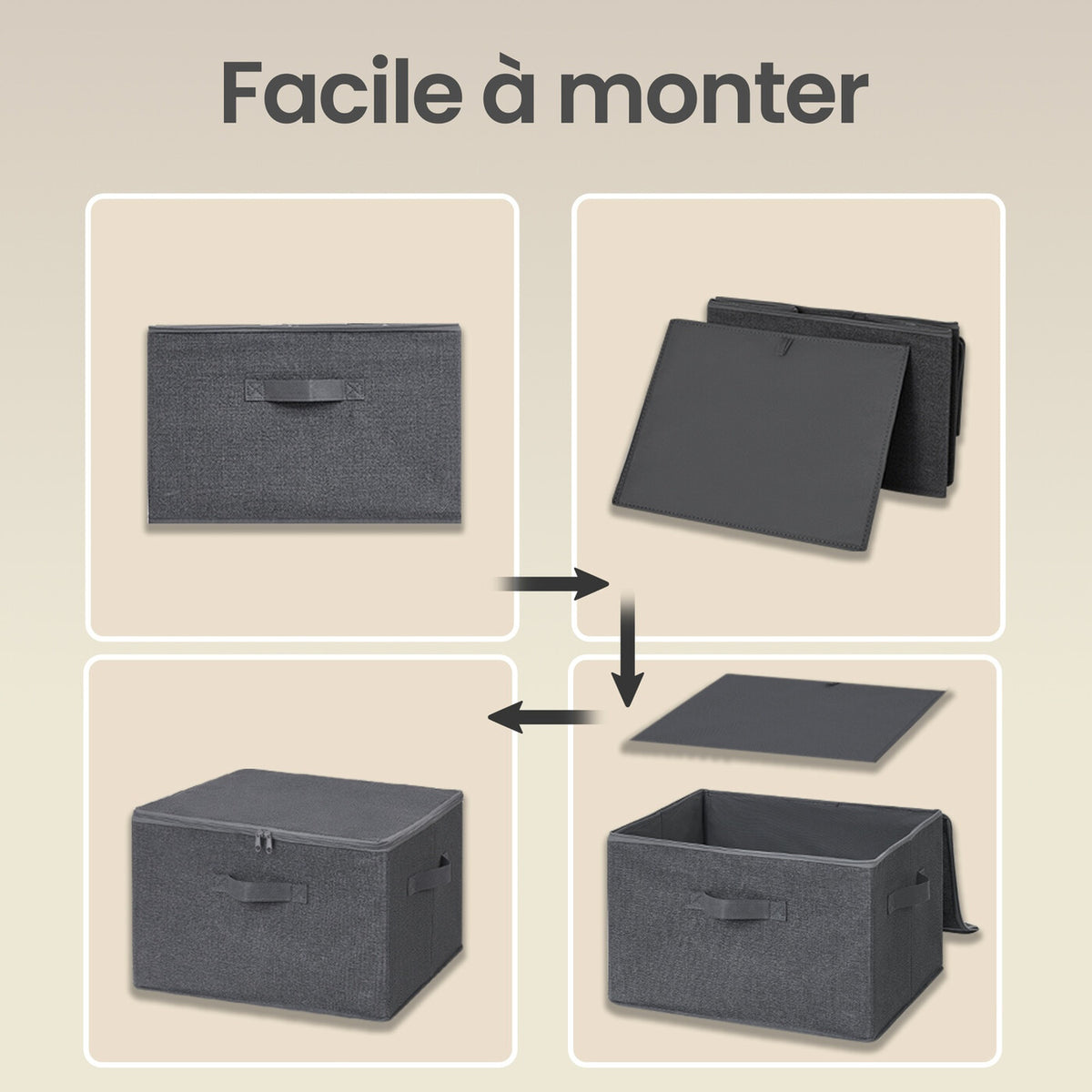 Boîtes de rangement pliables, lot de 6, organiseur de vêtements zippé avec couvercles solides et poignées renforcées, grande capacité de 30L par boîte, taille compacte 40x30x25cm, idéal pour placard, étagères, dortoir, voyage, Gris Foncé