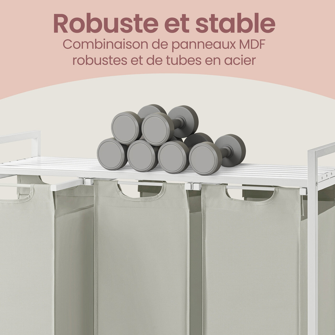 Panier à Linge à 3 Compartiments, Sac à Linge Amovible et Coulissant, Trieur de Vêtements avec Structure Métallique, 3 x 40 L, 92,5 x 33 x 72 cm, Blanc Crème et Blanc Mat