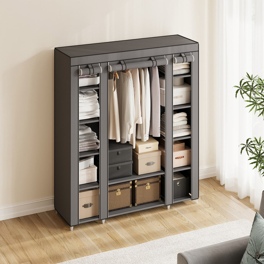 Armoire en tissu avec housse, penderie de rangement, 12 compartiments, cadre en métal pour chambre 45 x 150 x 175 cm 
Gris ou violet