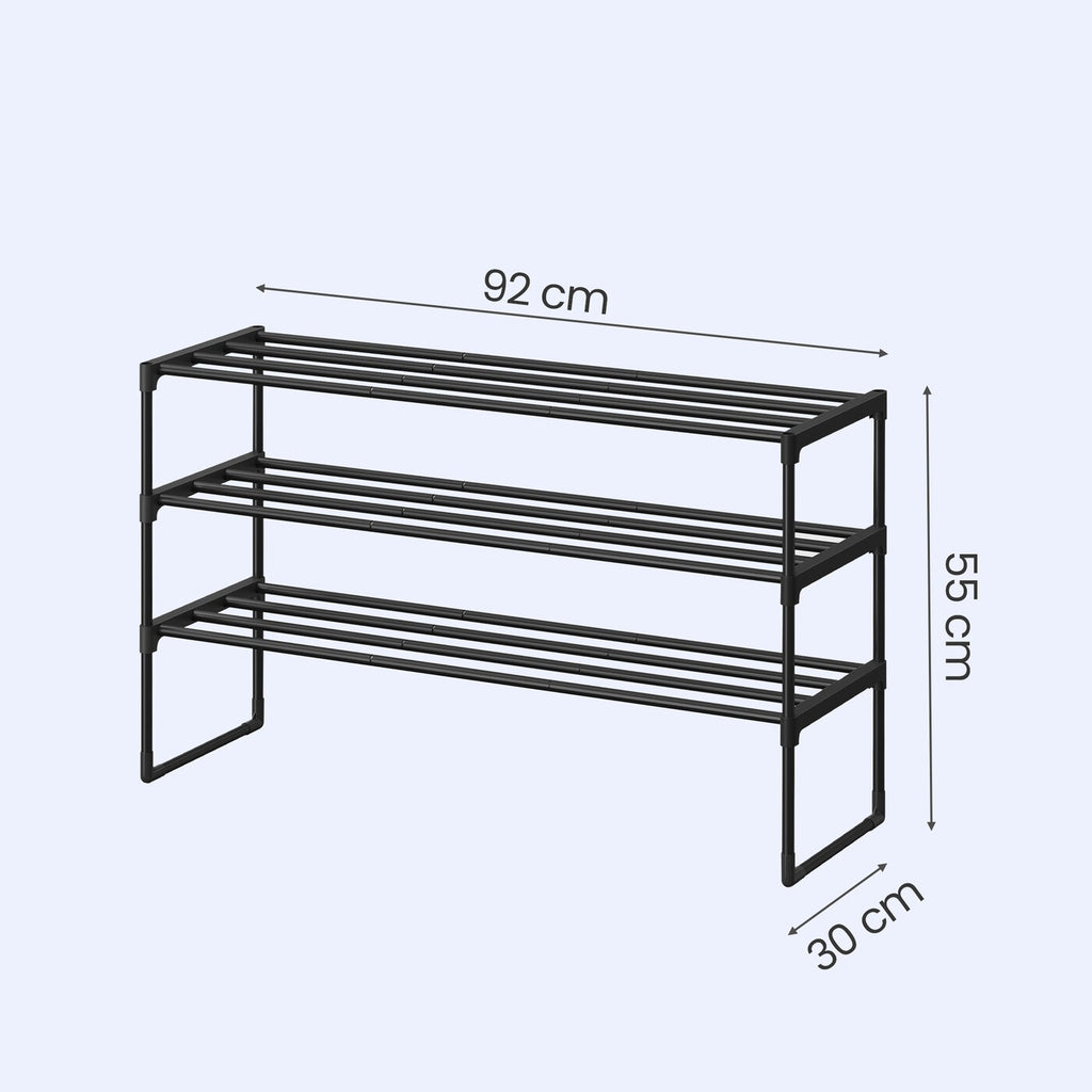 Étagère à chaussures en métal 3 niveaux noire – Étroite et empilable, 30 x 92 x 55 cm, Contient 16-20 paires – Organisateur peu encombrant pour entrée, placard ou salon