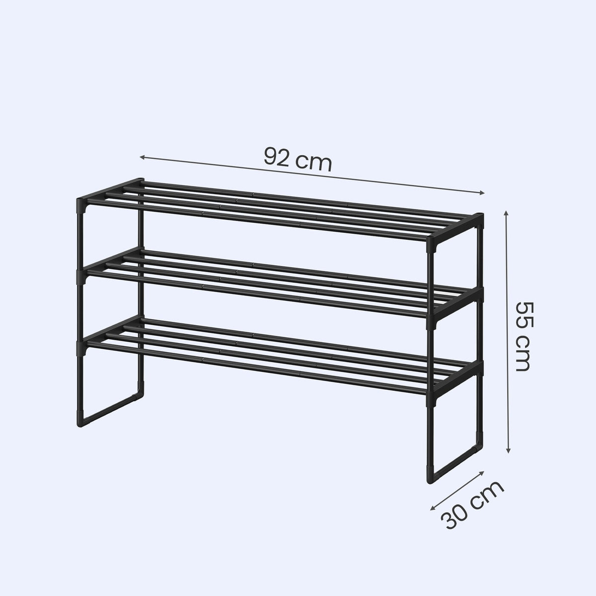 Étagère à chaussures en métal 3 niveaux noire – Étroite et empilable, 30 x 92 x 55 cm, Contient 16-20 paires – Organisateur peu encombrant pour entrée, placard ou salon