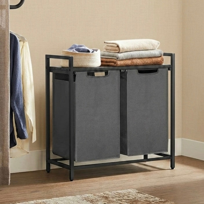 Panier à Linge 2 Compartiments avec étagère , cadre métallique