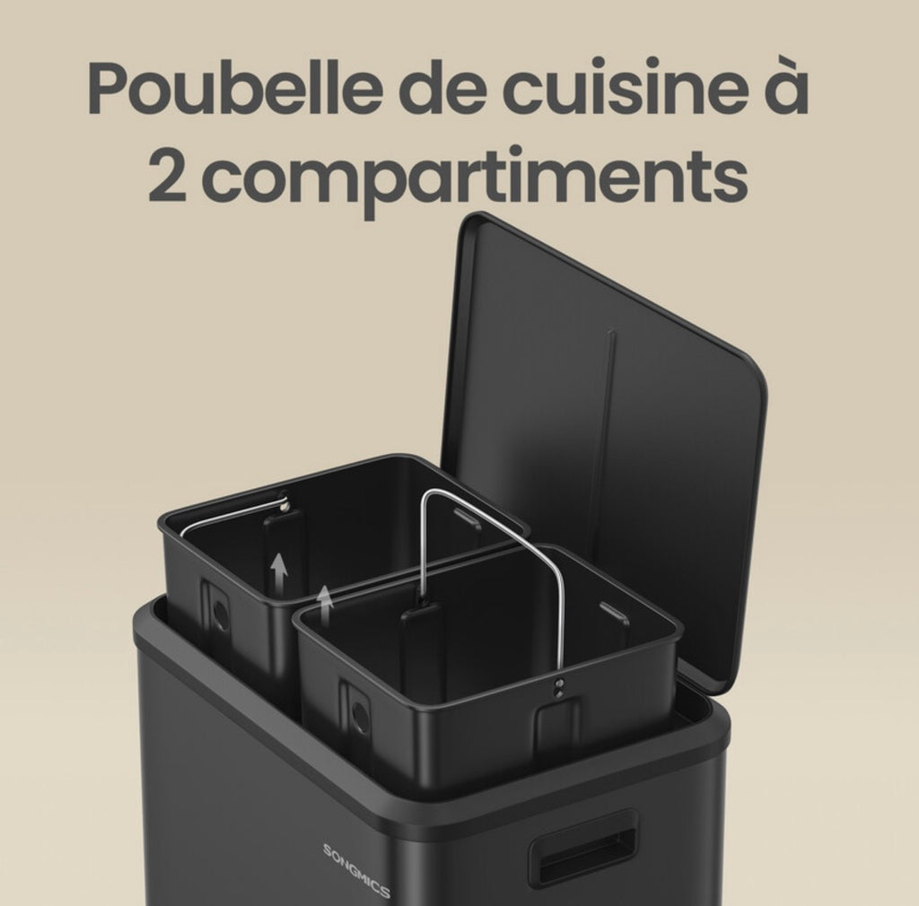 Poubelle de cuisine à 2 compartiments avec couvercle à fermeture douce, poubelle de recyclage en acier avec seaux intérieurs et pédale large, noir