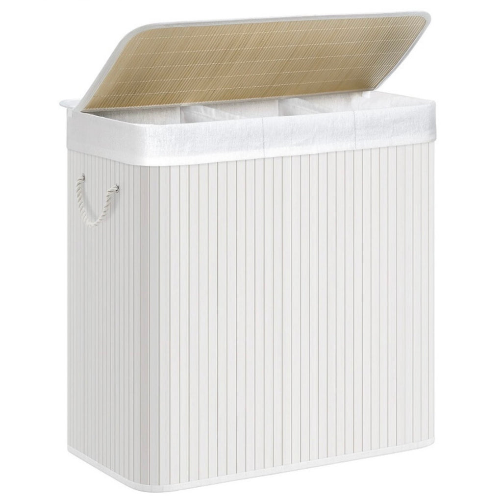 Panier à linge 150L en bambou avec couvercle et 3 compartiments