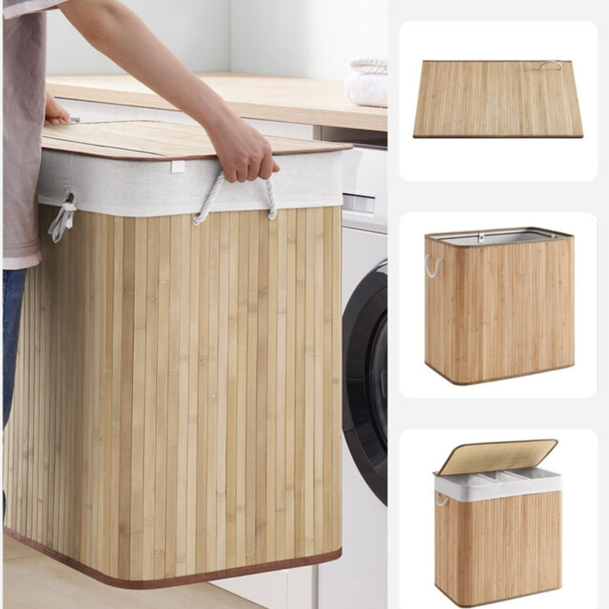 Panier à linge 150L en bambou avec couvercle et 3 compartiments