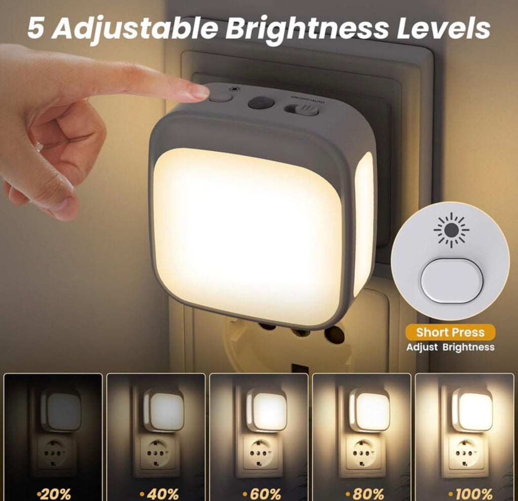 Lot de 2 veilleuses lumineuses avec capteur lumineux, économe en énergie, blanc chaud, éclairage dimmable continu, 0,3 W, 110-240
V, ABS et métal
